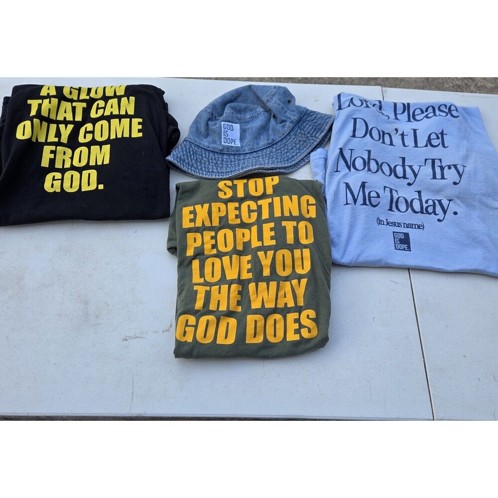 ​God Is Dope Clothing Lot 4pc Streetwear Denim Bucket Hat Graphic T-Shirts 2XL